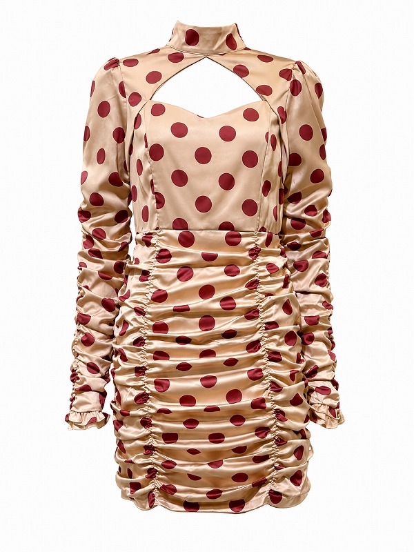【新品DRESS 157】レトロドットバストカットハイネックタイトミニドレス ピンクオレンジ【GLAMOROUS】